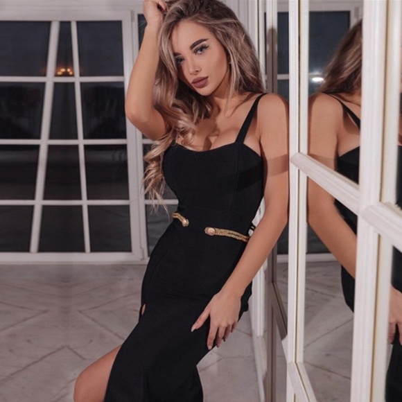 Bandage Embellished Bodycon Midi Dress in BLACK - Picture 1 of 11